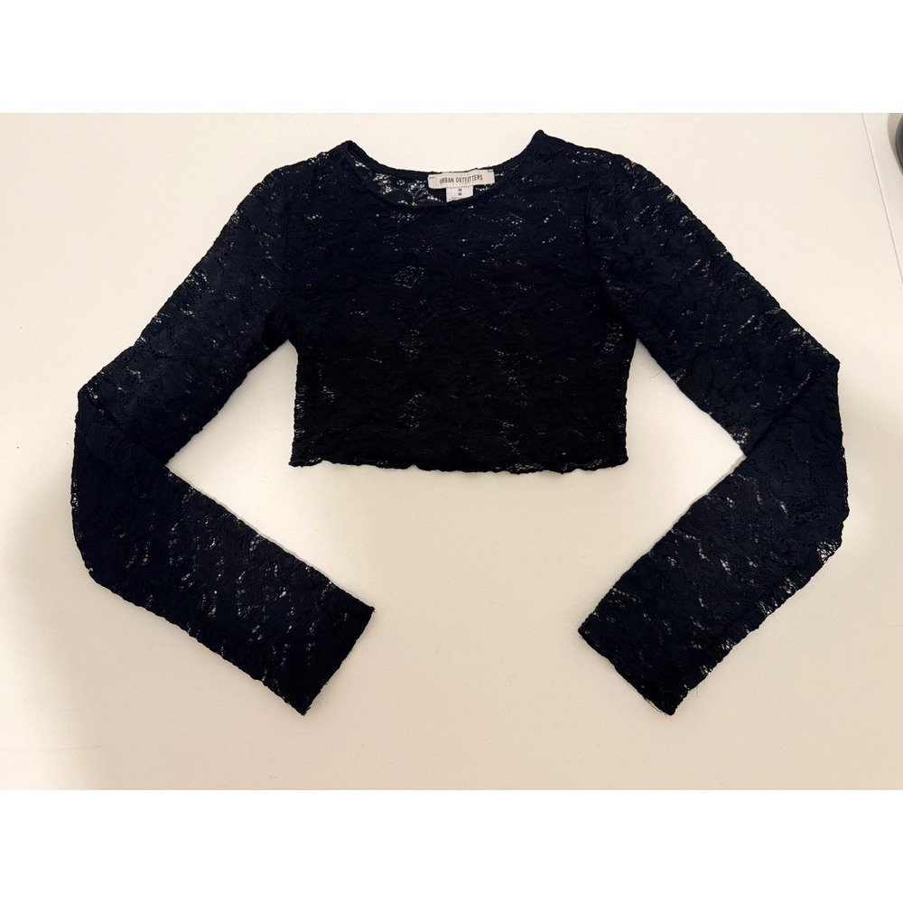 Urban Outfitters Black Lace‎ Crop Top Long Sleeve Sheer Floral Women's Medium